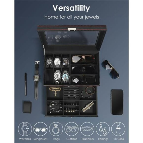 Mens Watch Jewelry Box Organizer with Glass Lid Sunglass Storage Gift Case - Picture 4 of 7